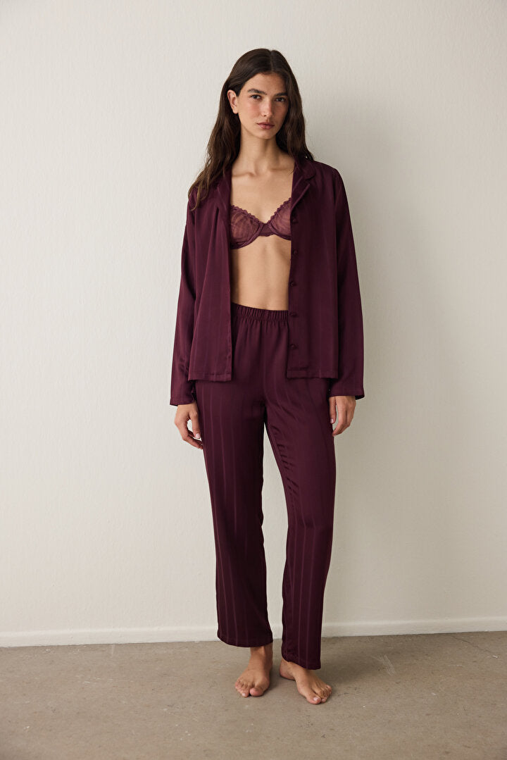 Bordo Çizgili Saten Gömlek Yaka Pijama Takımı