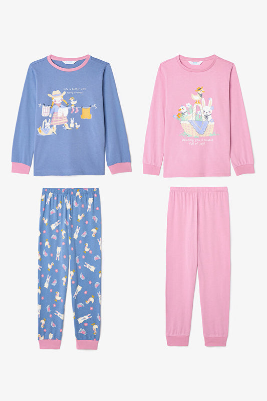 Kız Çocuk Furry Bunny Tavşan Baskılı Pamuklu Uzun Kollu 2'li Pijama Takımı