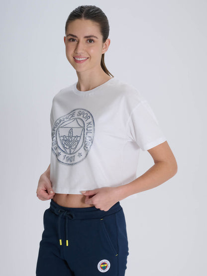 Fenerbahçe Beyaz Tribün Halftone Logolu Kadın Oversize Tshirt