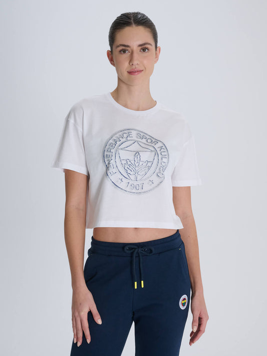 Fenerbahçe Beyaz Tribün Halftone Logolu Kadın Oversize Tshirt