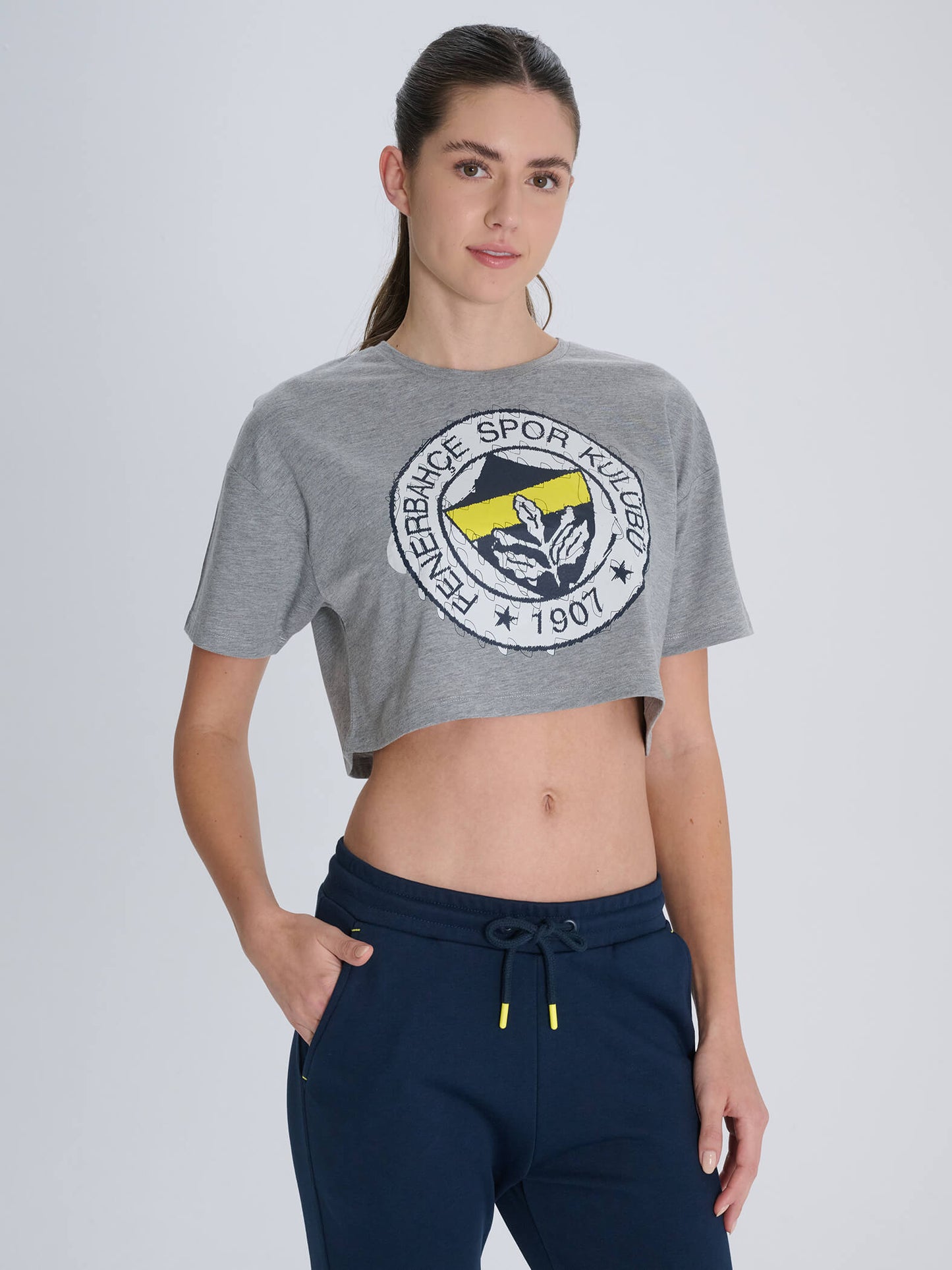 Fenerbahçe Gri Melanj Tribün Fırça Detaylı Kadın Tshirt