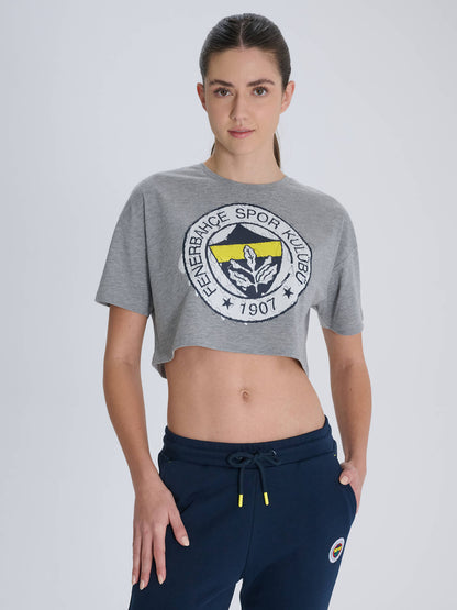 Fenerbahçe Gri Melanj Tribün Fırça Detaylı Kadın Tshirt