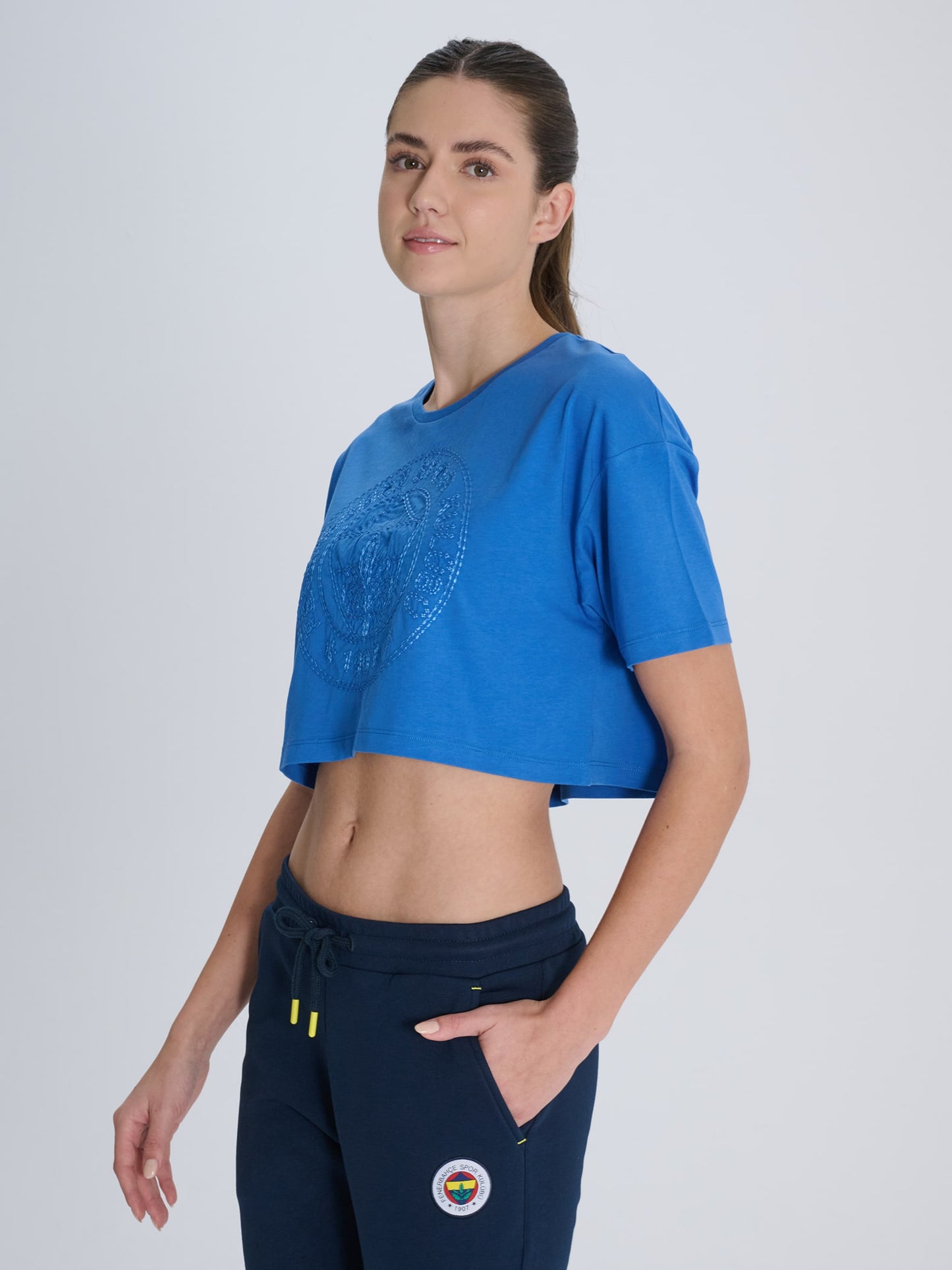 Fenerbahçe Mavi Aplike Nakışlı Tribün Kadın Oversize Tshirt