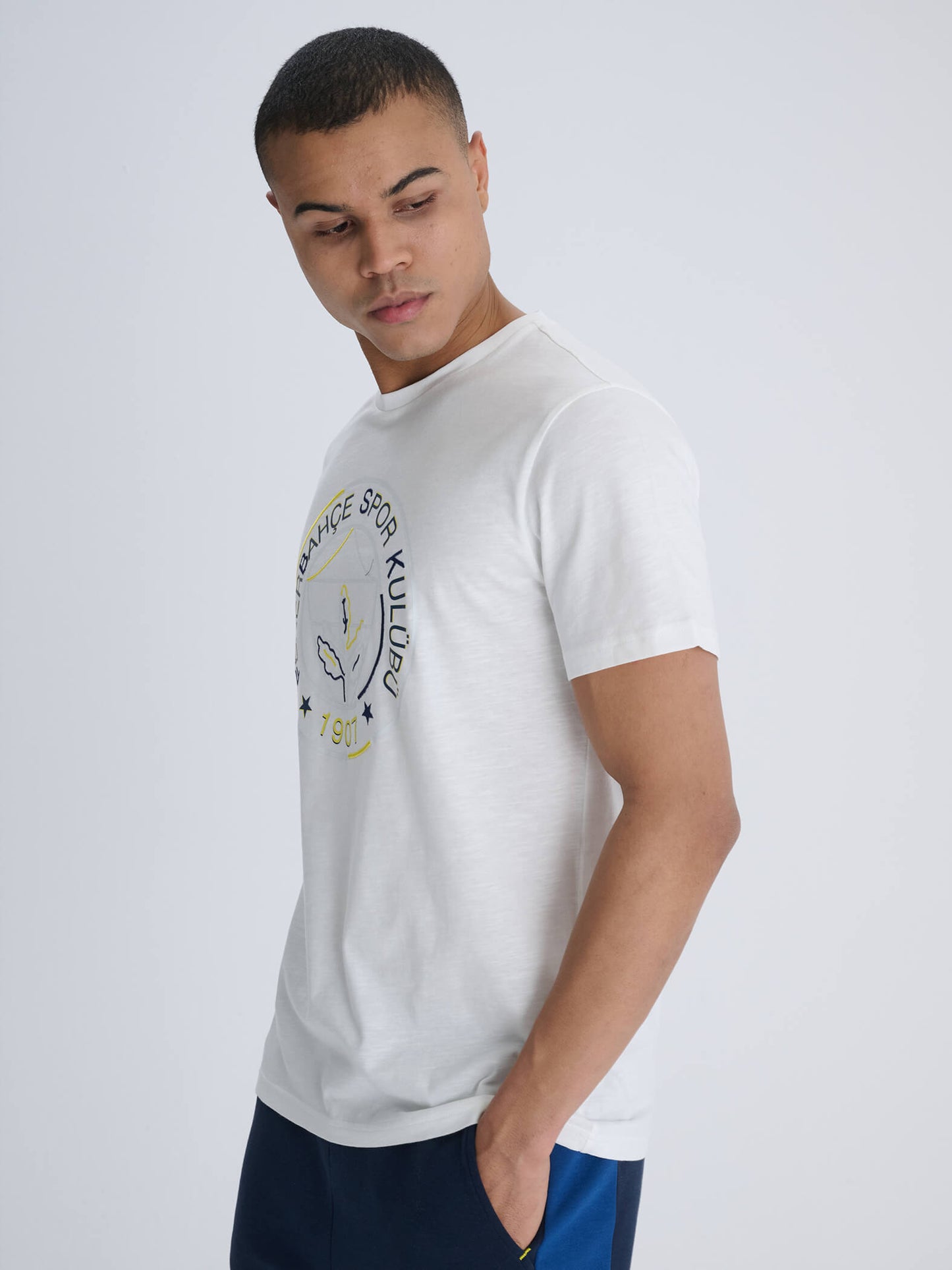 Fenerbahçe Beyaz Tribün Nakış Detaylı Erkek Tshirt