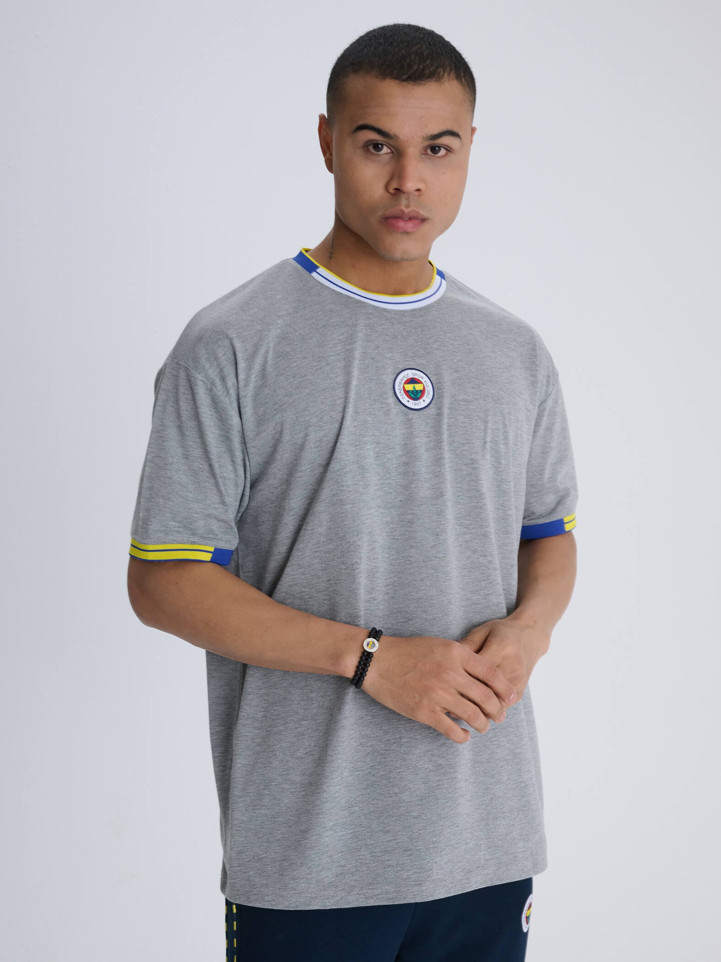 Fenerbahçe Gri Melanj Tribün Triko Bantlı Erkek Oversize Tshirt