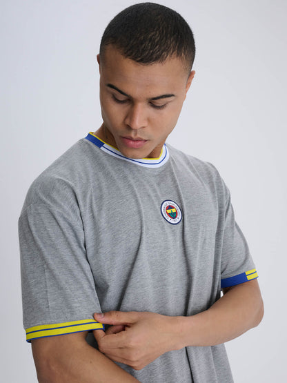 Fenerbahçe Gri Melanj Tribün Triko Bantlı Erkek Oversize Tshirt