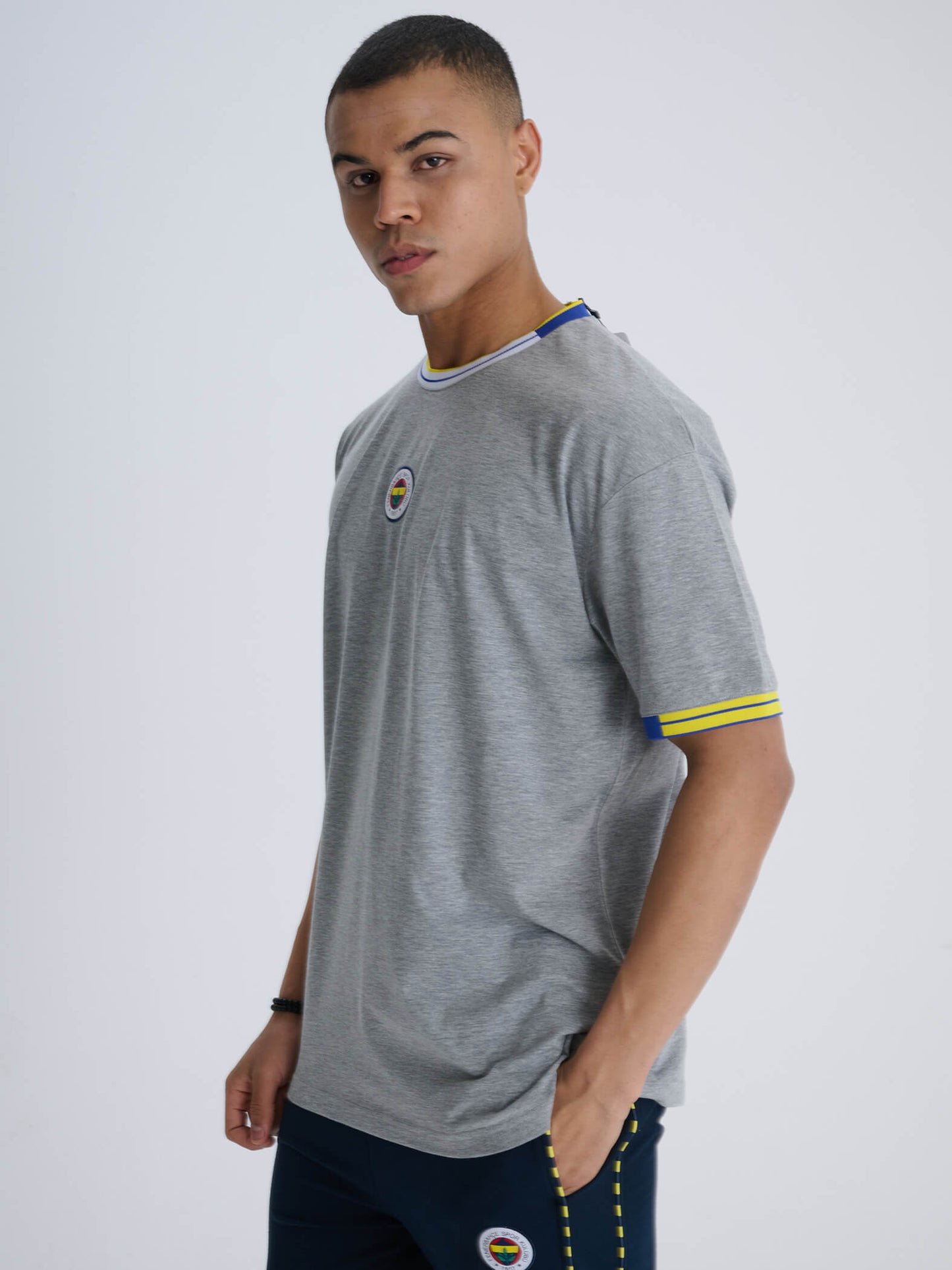 Fenerbahçe Gri Melanj Tribün Triko Bantlı Erkek Oversize Tshirt