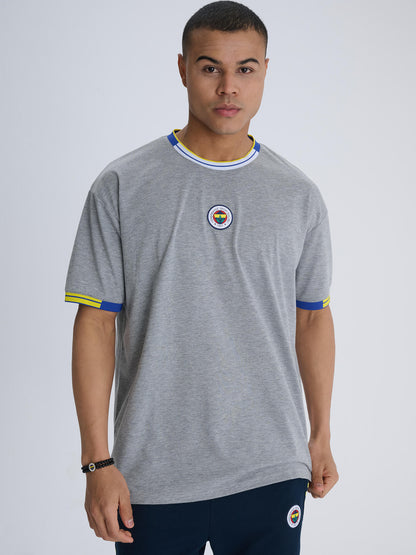 Fenerbahçe Gri Melanj Tribün Triko Bantlı Erkek Oversize Tshirt