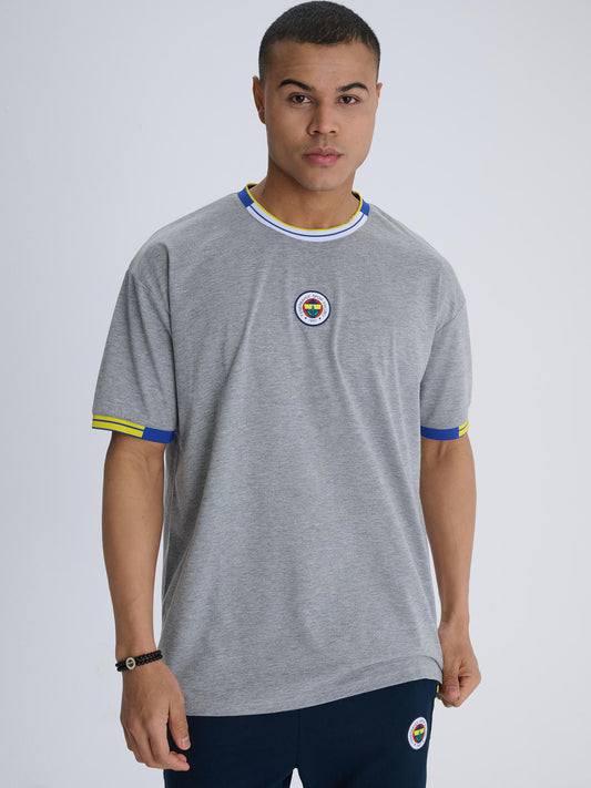 Fenerbahçe Gri Melanj Tribün Triko Bantlı Erkek Oversize Tshirt