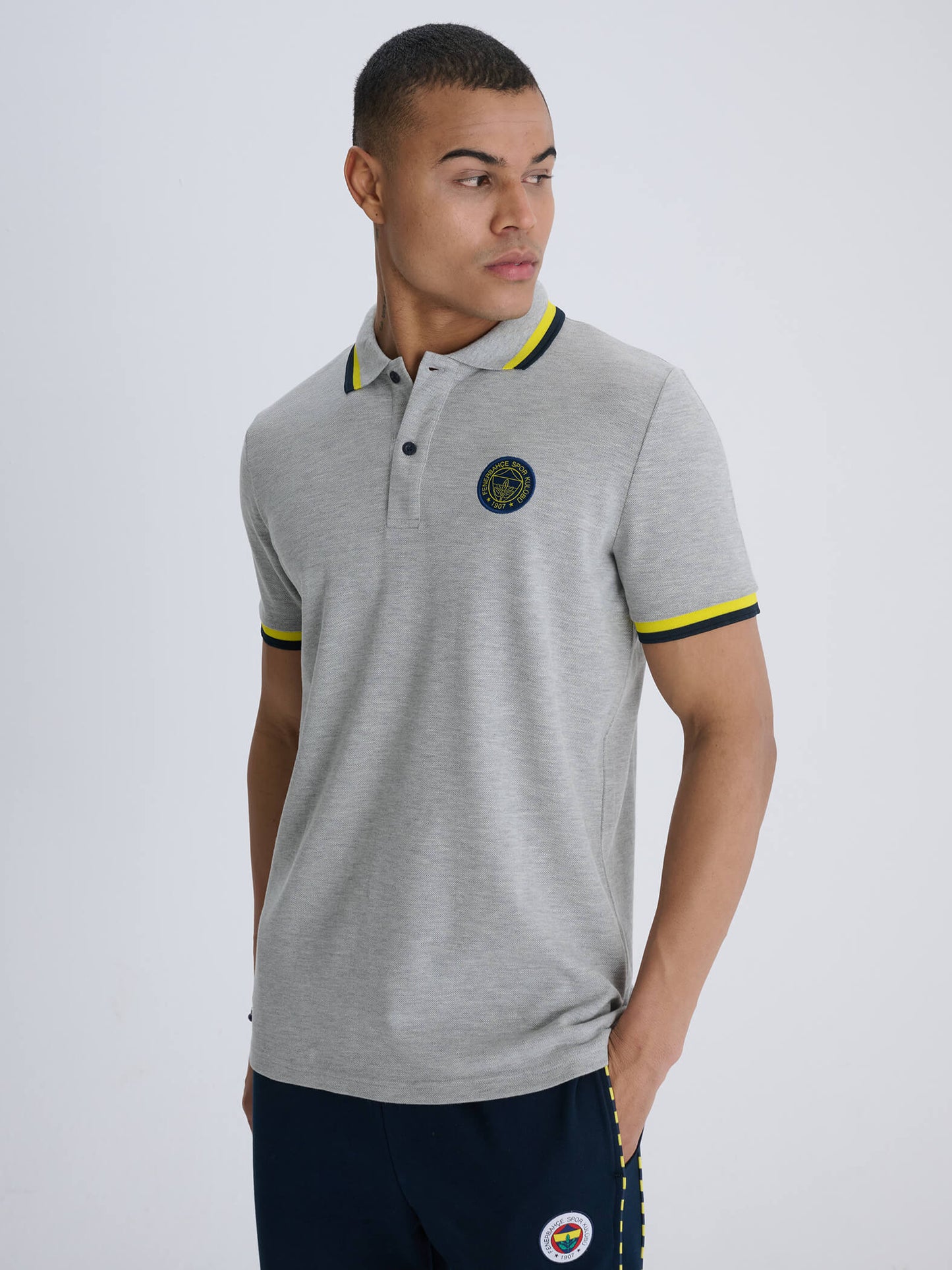 Fenerbahçe Gri Melanj Tribün Logolu Erkek Polo Tshirt