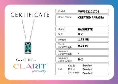 Clarit Serisi Created Paraiba Taşlı 8 Ayar Beyaz Altın Baget Kolye Ww02210170442