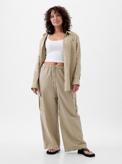 Bej Keten Karışımlı Pull-on Kargo Pantolon