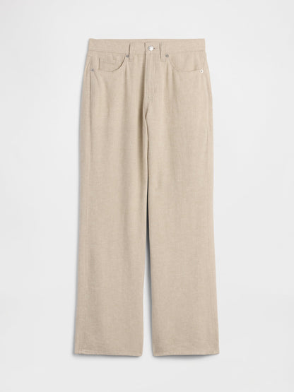 Bej High Rise Keten Karışımı Wide-leg Pantolon