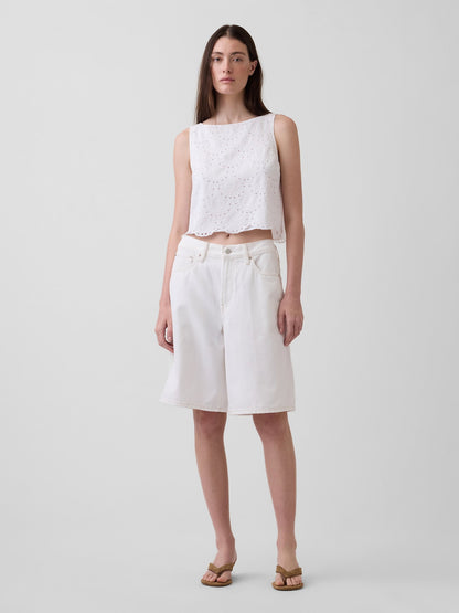 Beyaz Eyelet Crop Shell Askılı Bluz
