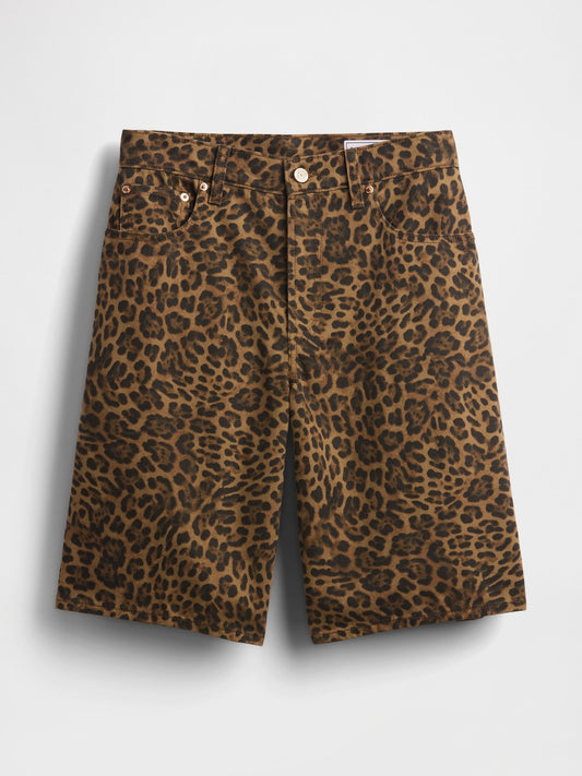 Kahverengi 11 Mid Rise Denim Leopar Longline Şort
