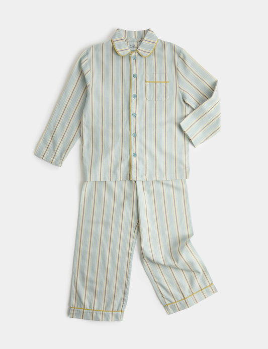 Saf Pamuklu Çizgili Rever Yaka Pijama Takımı