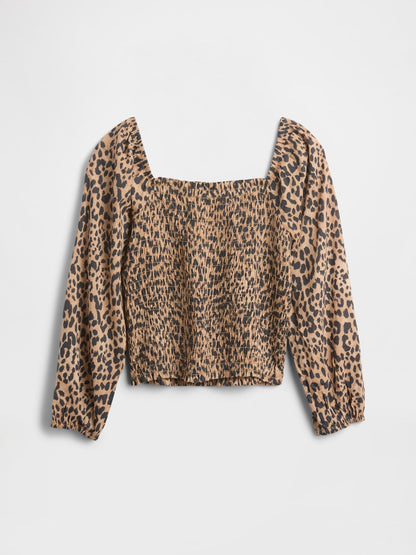 Kahverengi Kare Yaka Leoparlı Bluz