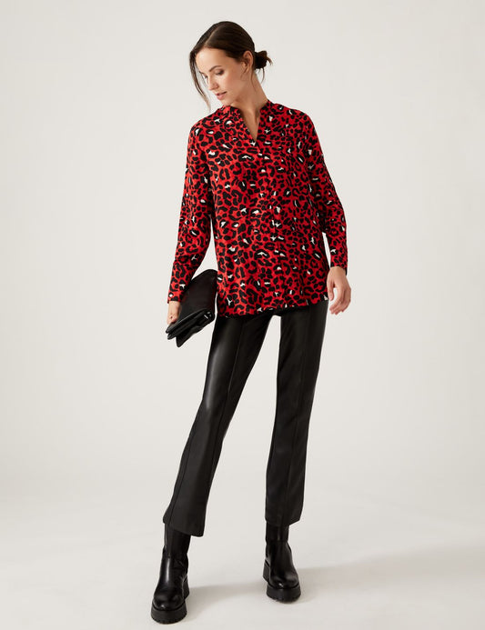 V Yaka Leopar Desenli Saten Popover Bluz