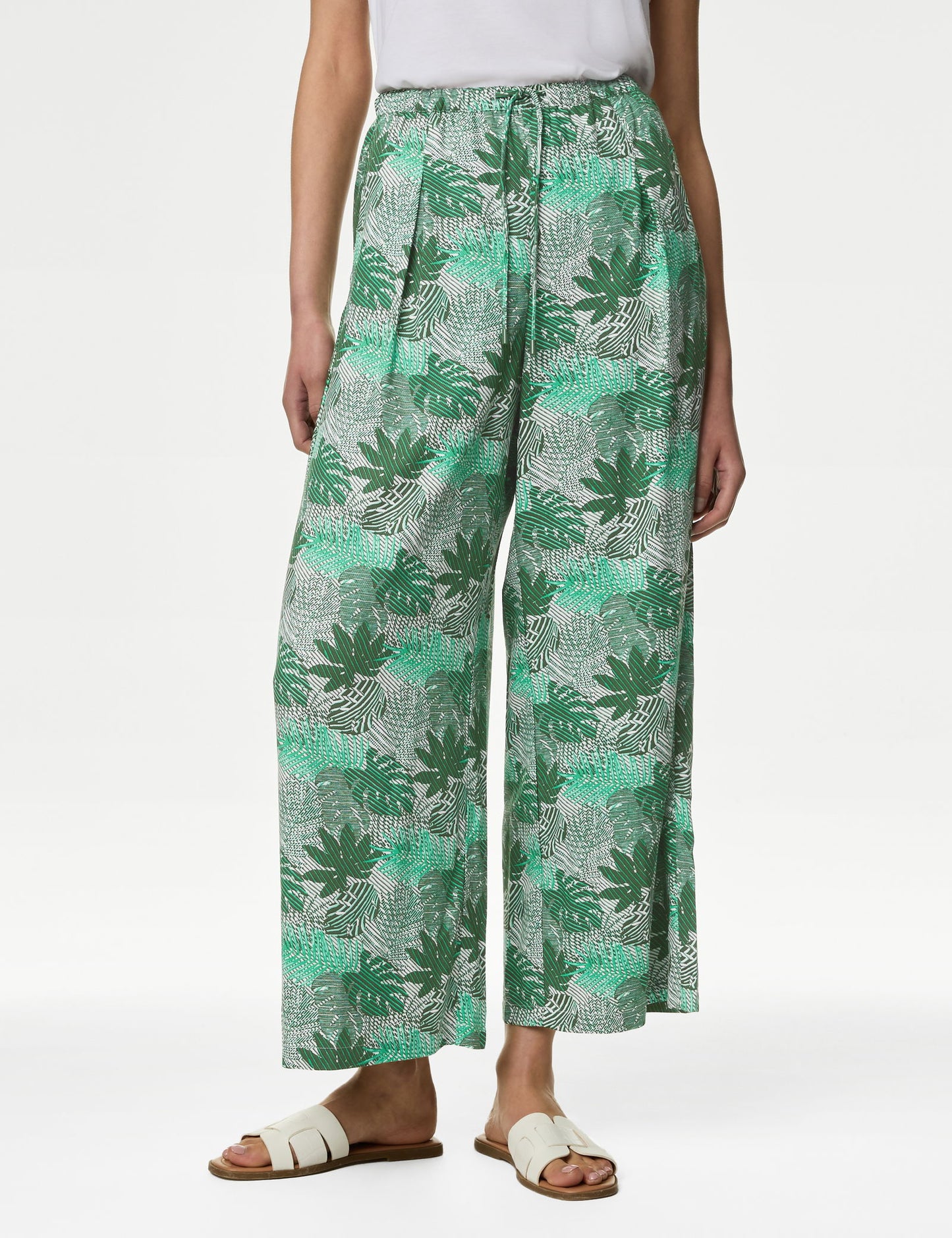 Yüksek Bel Desenli Crop Wide Leg Pantolon