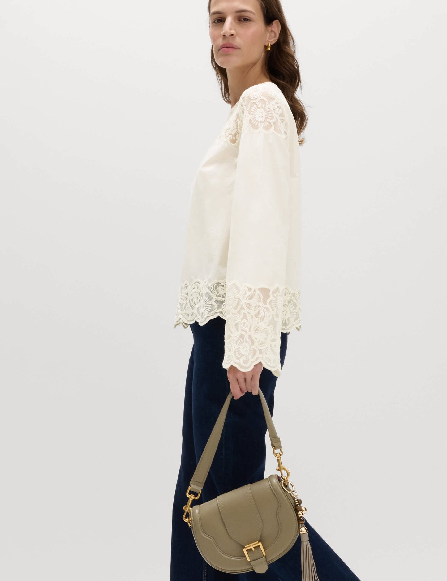 Saf Pamuk Işlemeli Cutwork Bluz