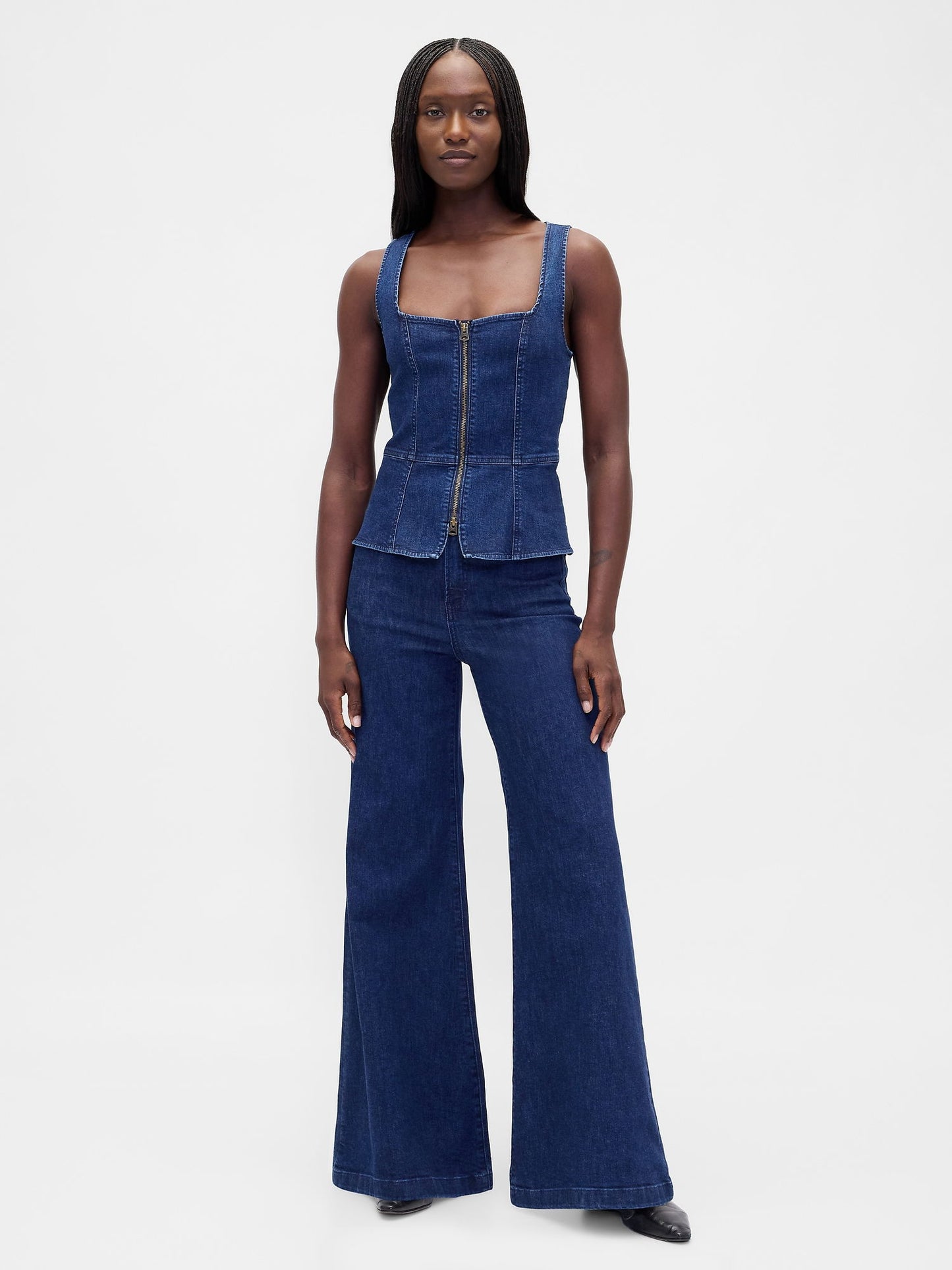 Lacivert Denim Fermuarlı Bluz