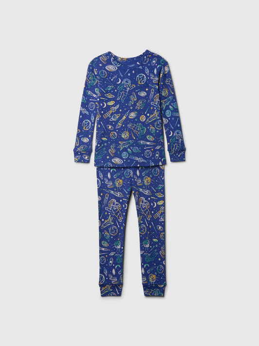 Mavi %100 Organik Pamuk Desenli Pijama Takımı