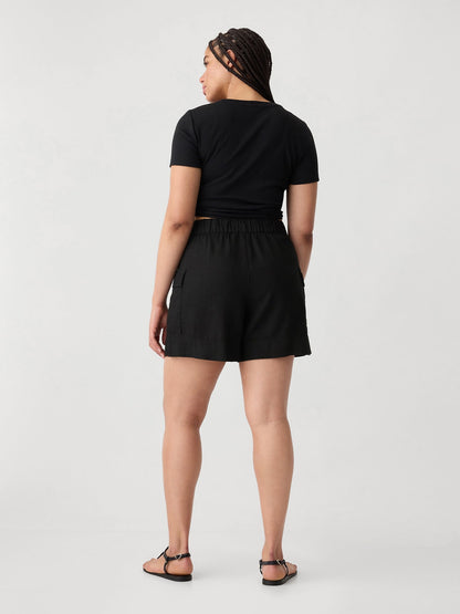 Siyah Keten Karışımlı Pull-on Kargo Şort
