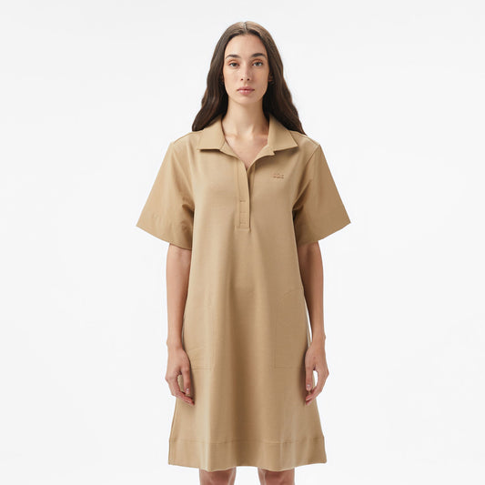 Lacoste Kadın Relaxed Fit Kısa Kollu Polo Yaka Bej Elbise