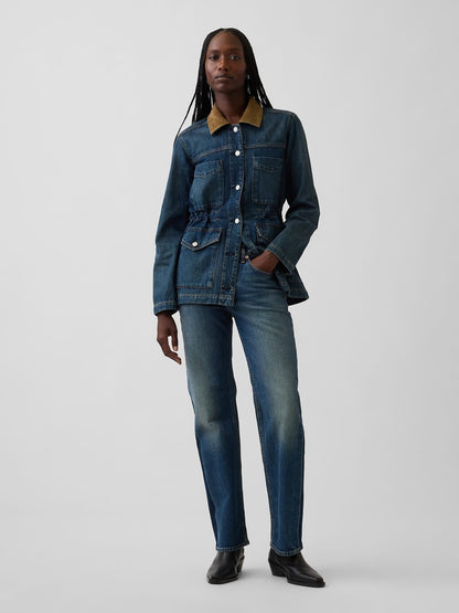 Koyu Mavi Mid Rise Relaxed Straight Jean Pantolon