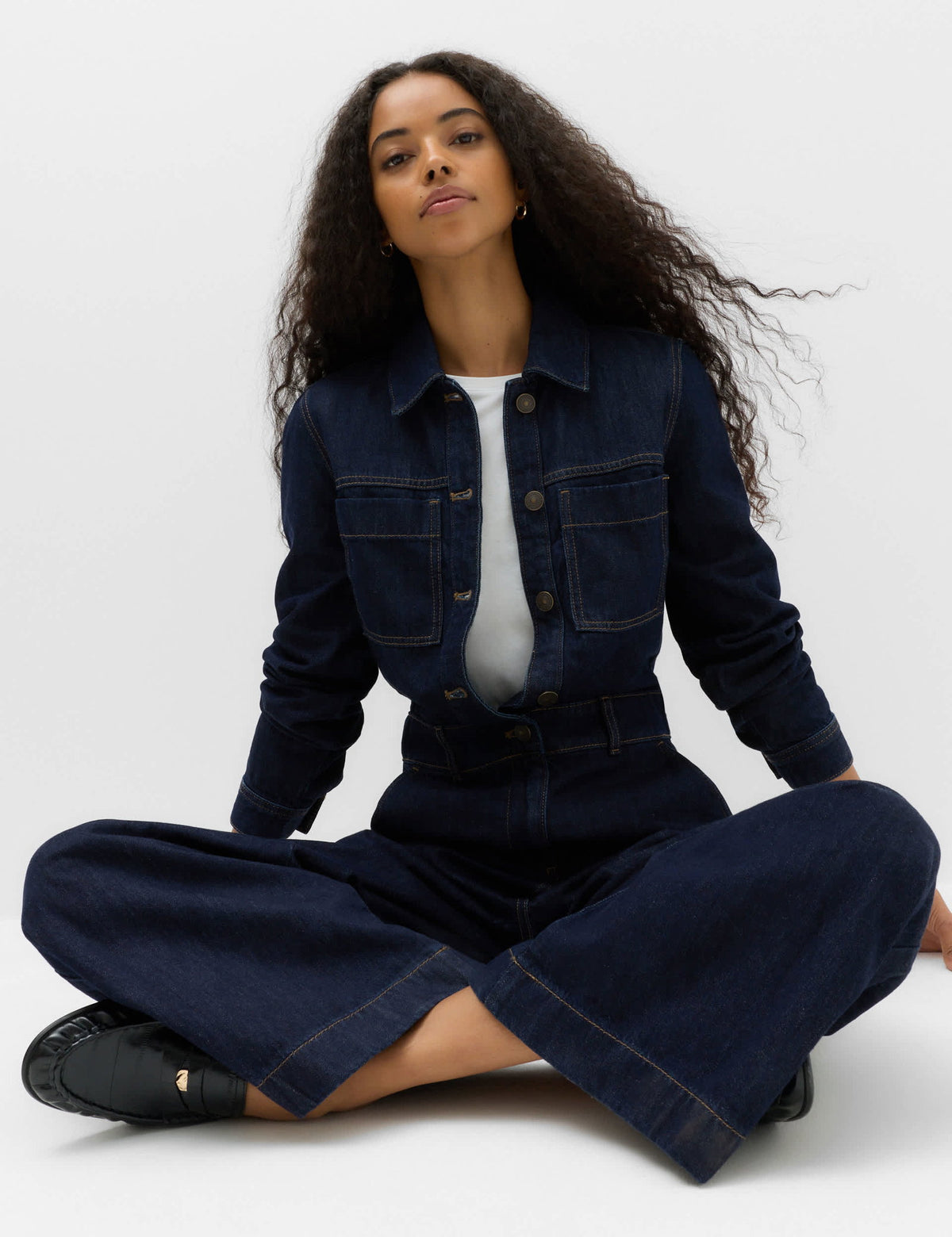 Denim Uzun Kollu Geniş Paça Tulum