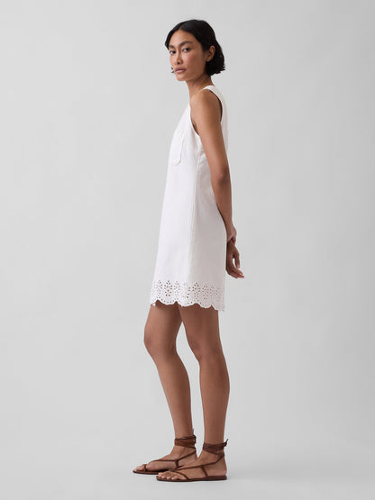 Beyaz Eyelet Hem Mini Shift Elbise