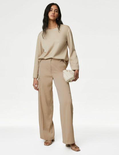 Wide Leg Saten Kargo Pantolon