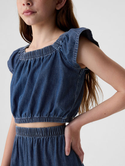 Koyu Mavi Fırfır Kollu Denim Bluz