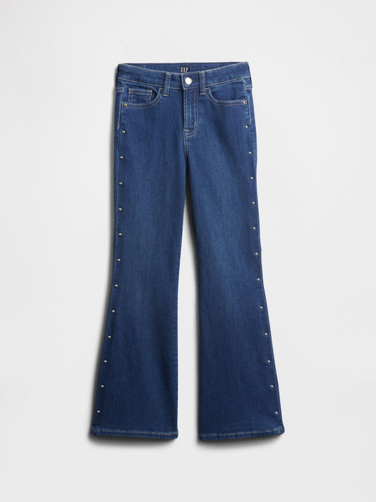 Koyu Mavi Kids High Rise Studded '70s Flare Jean Pantolon