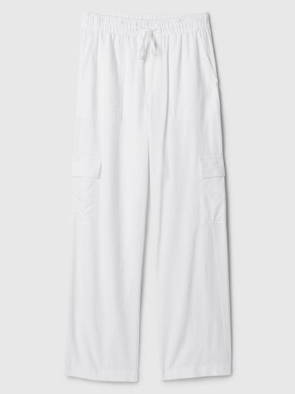 Beyaz Keten Karışımlı Wide-leg Kargo Pull-on Pantolon