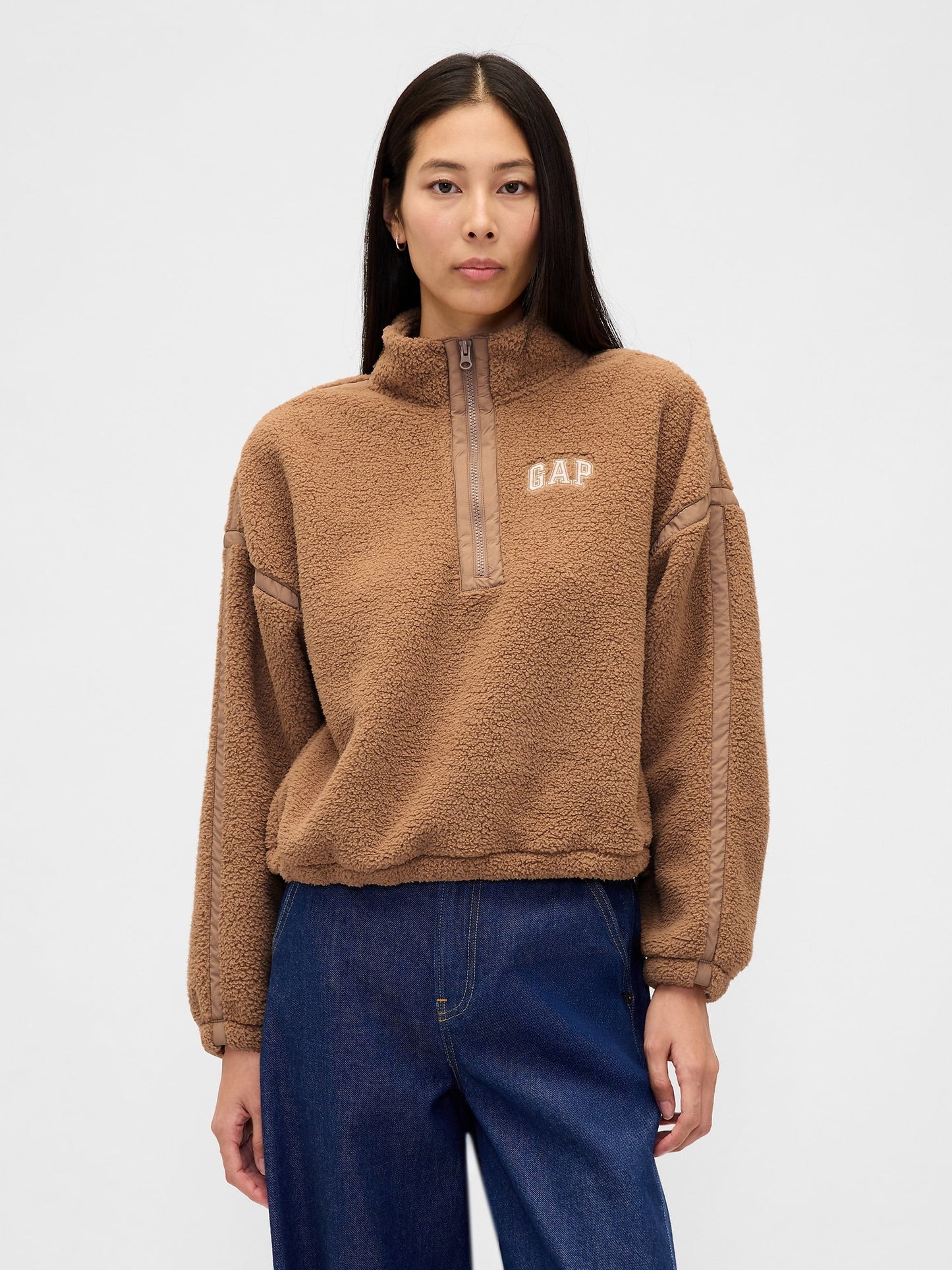Açık Kahverengi Recycled Oversized Crop Yarım Fermuarlı Sweatshirt
