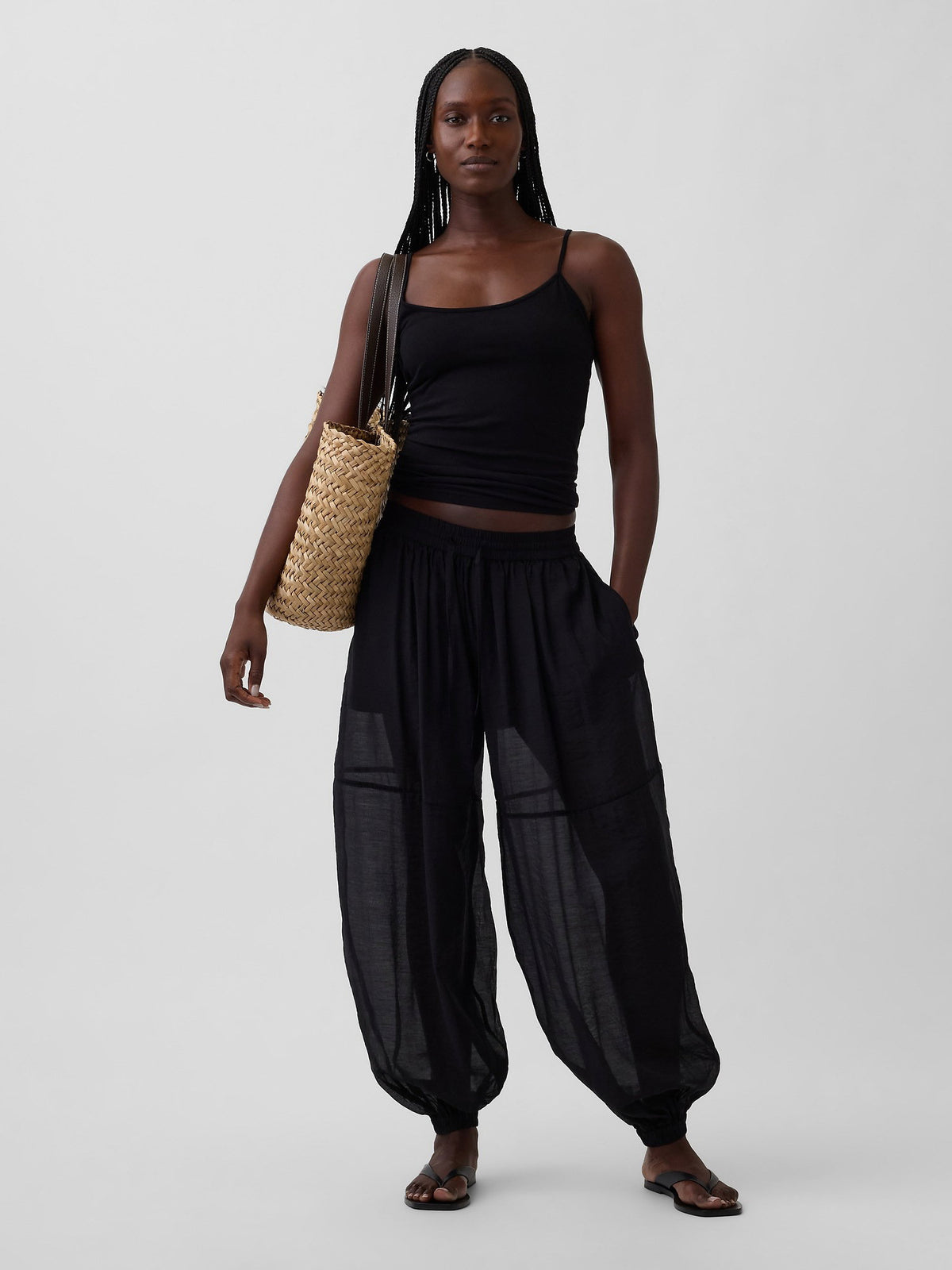 Siyah Sheer Paraşüt Pantolon