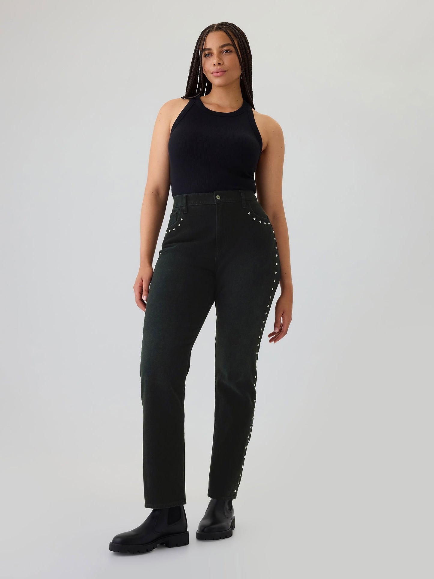 Siyah High Rise Studded '90s Straight Jean Pantolon