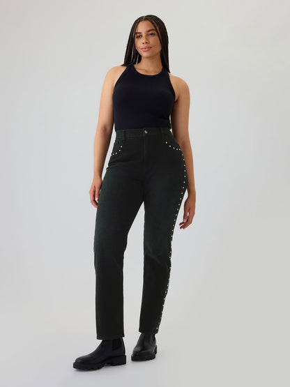 Siyah High Rise Studded '90s Straight Jean Pantolon