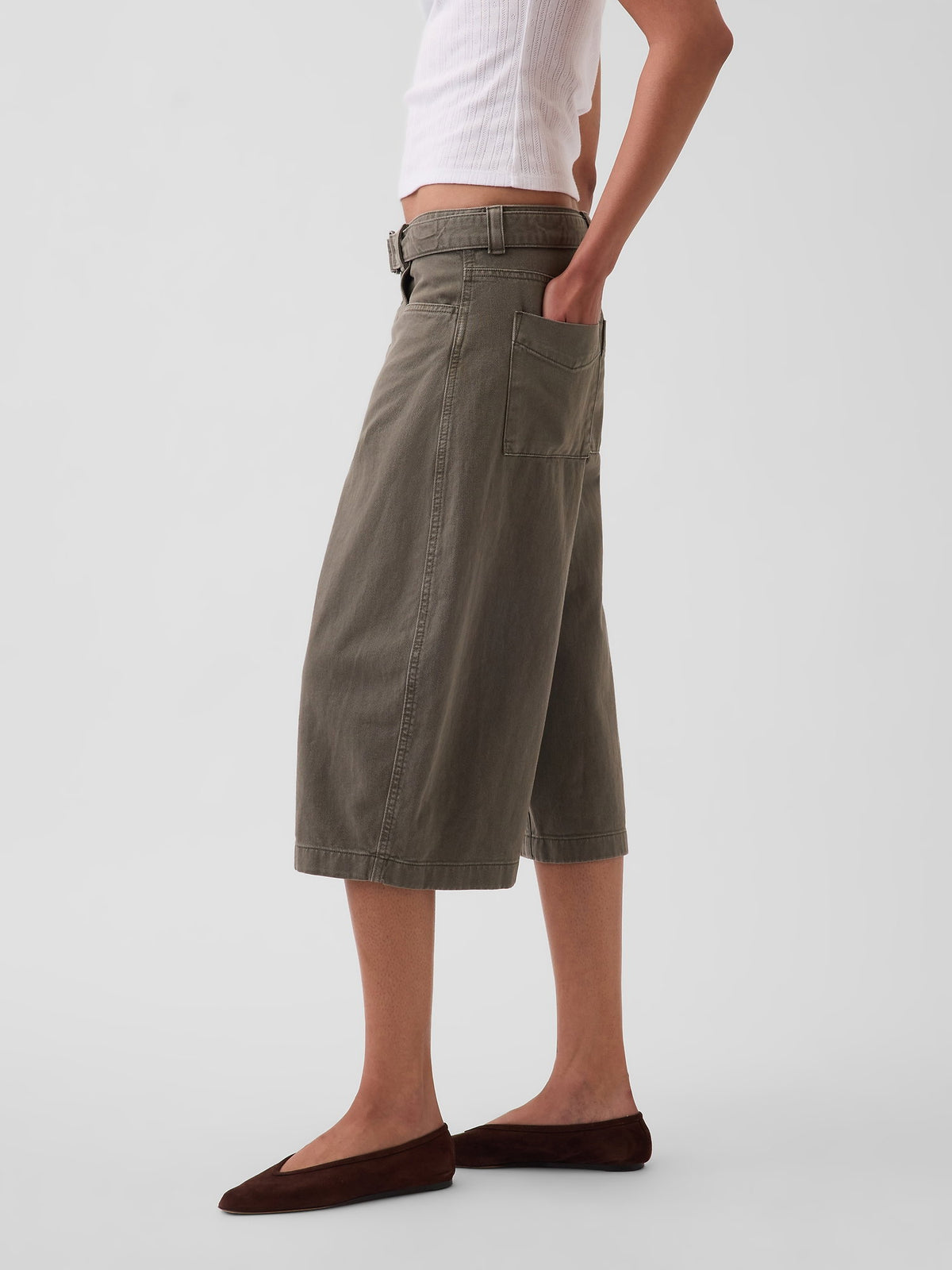 Haki Mid Rise Kemerli Culotte Barrel Pantolon