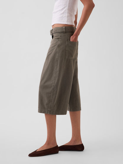 Haki Mid Rise Kemerli Culotte Barrel Pantolon