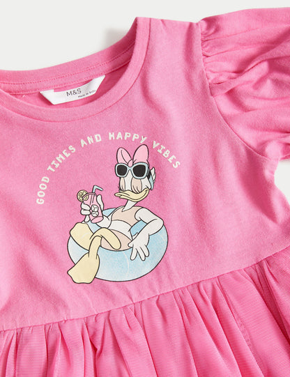 Saf Pamuklu Kısa Kollu Disney™ Daisy Duck Elbise (2-7 Yaş)