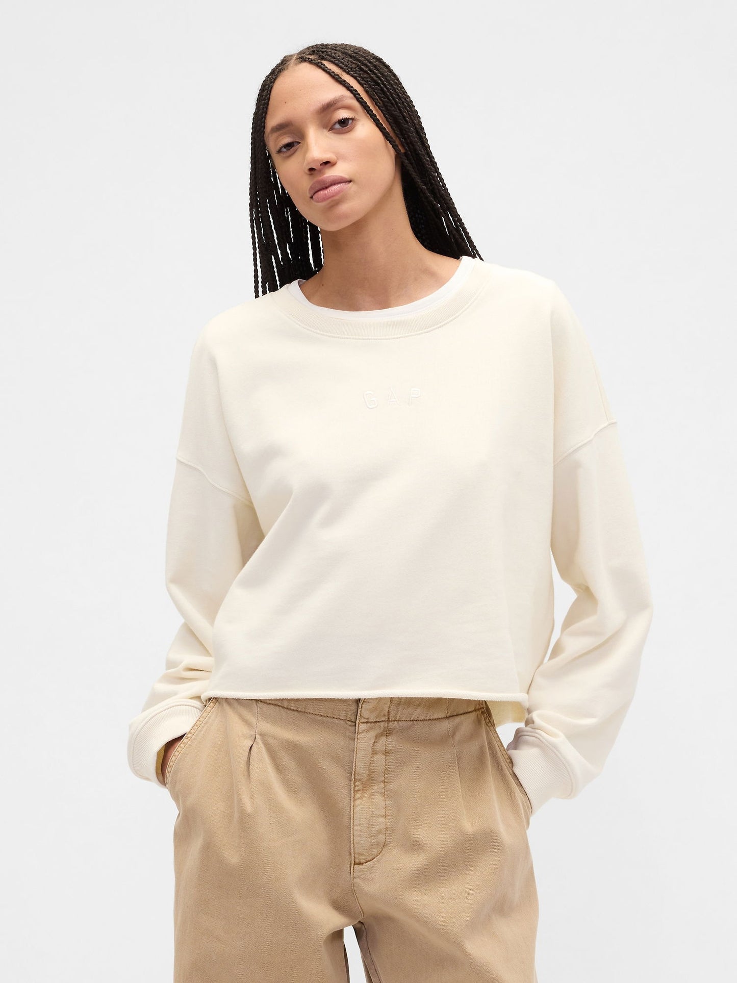 Beyaz Heavyweight Fransız Havlu Kumaş Logo Crop Sweatshirt