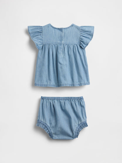 Mavi Denim Işlemeli Outfit Set