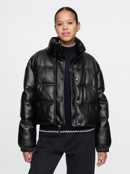 Siyah Vegan Deri Crop Puffer Şişme Mont