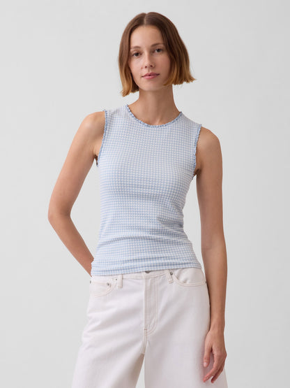 Açık Mavi Gingham Pointelle Shell Kolsuz Bluz