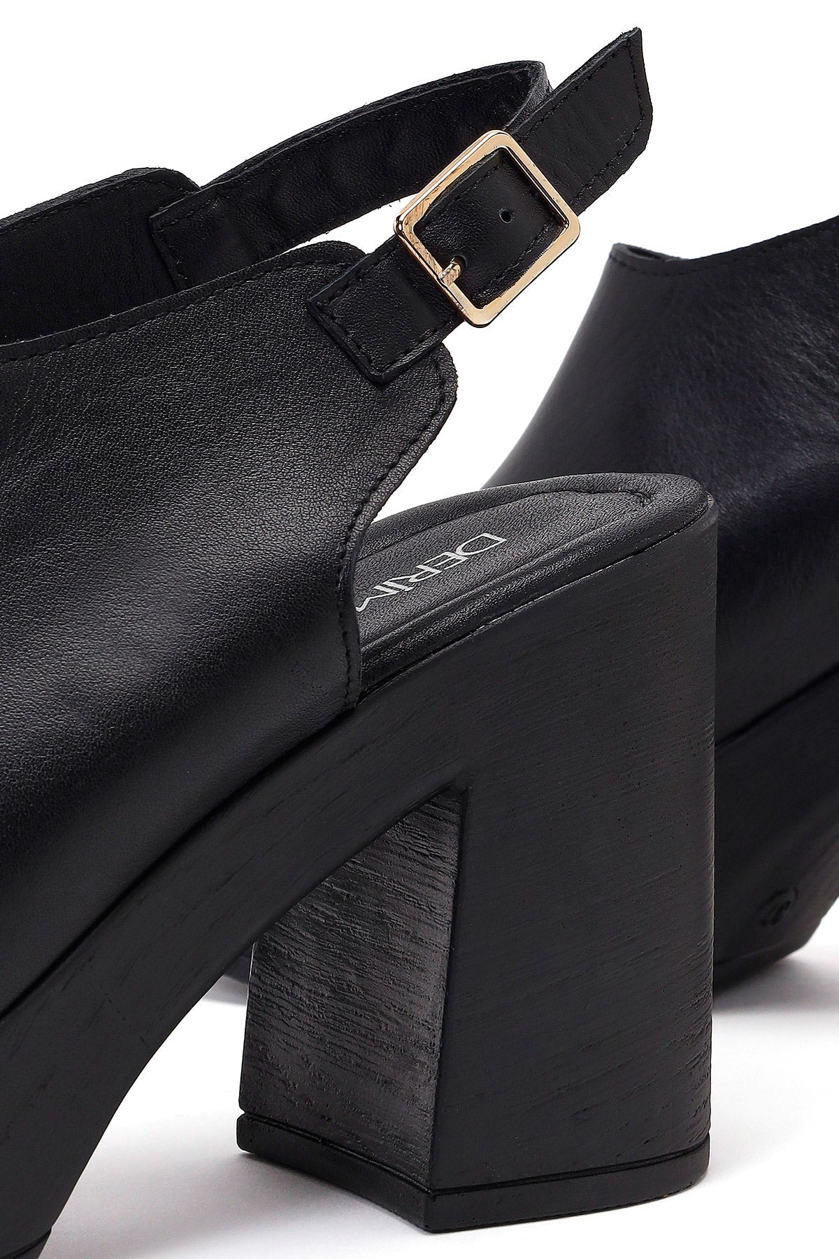 Kadın Siyah Bilekten Tokalı Platform Yüksek Kalın Topuklu Deri Sandalet