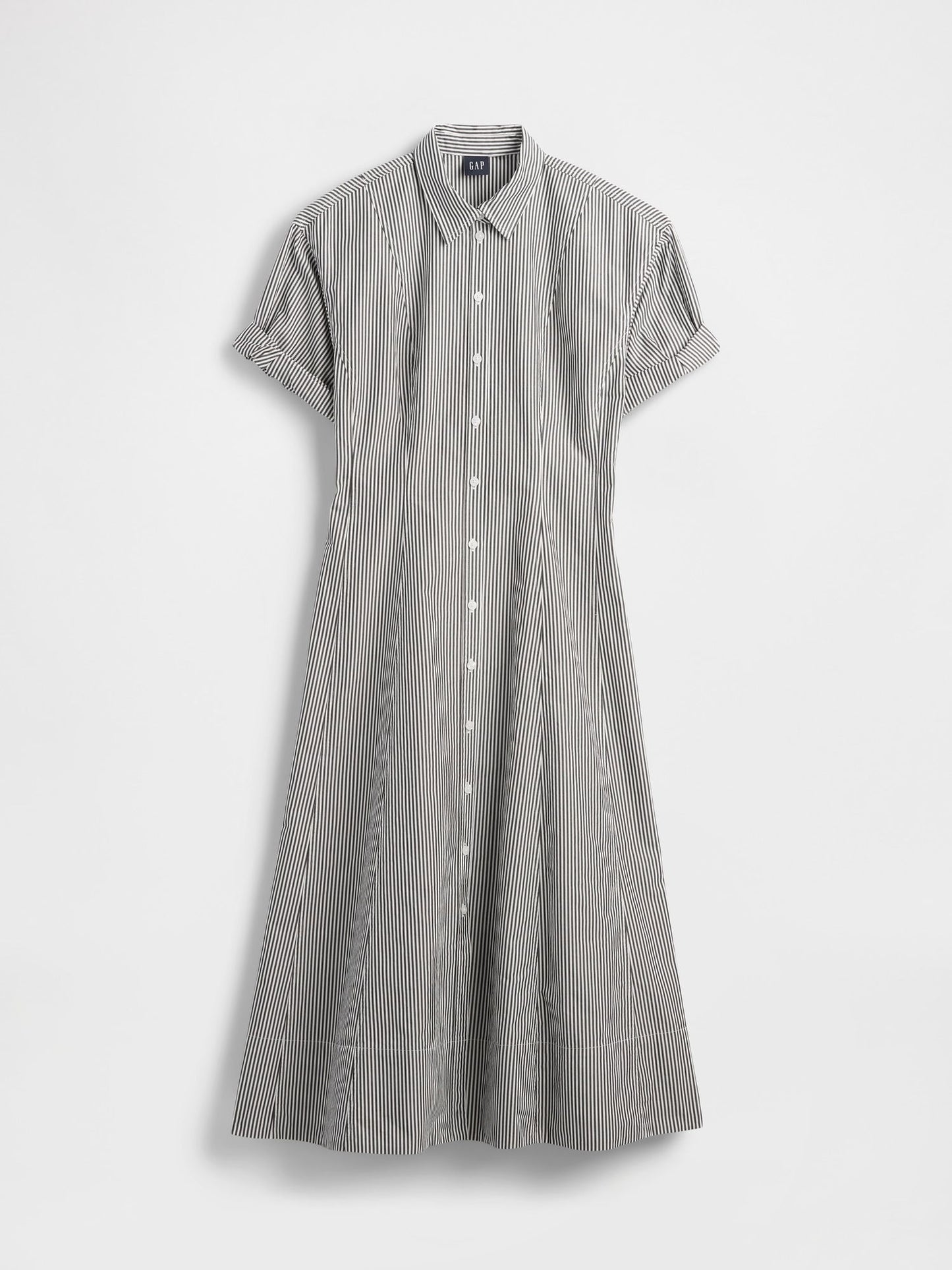 Siyah Beyaz Çizgili Poplin Roll-cuff Midi Gömlek Elbise