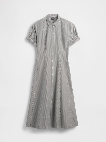 Siyah Beyaz Çizgili Poplin Roll-cuff Midi Gömlek Elbise
