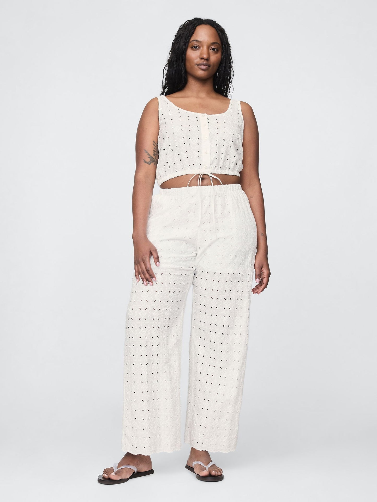 Beyaz Mid Rise Eyelet Kolay Wide-leg Pantolon